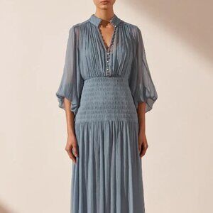 Shona Joy $460 LAUREN BUTTON UP RUCHED MIDI DRESS - DUSTY BLUE